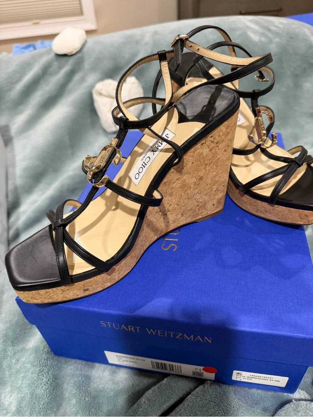 Jimmy Choo Black Leather Strappy Cork Wedge Sandals with Gold Logo